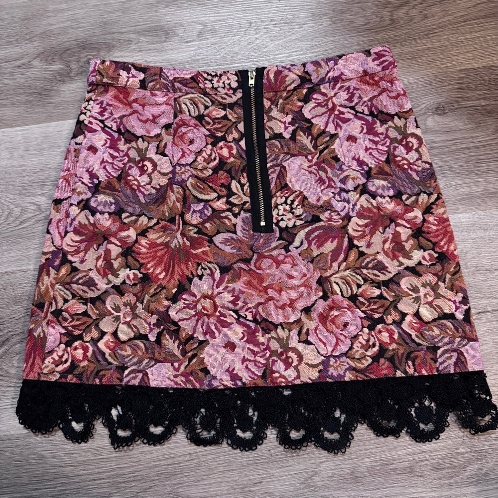Topshop Tapestry Floral Rose Jacquard Crochet Mini Skirt Carpet Lace Pink 6 - Picture 6 of 7